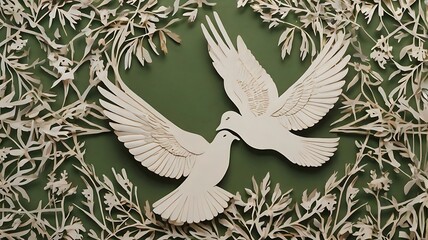Paper-cut poster with doves, olive branches, and patriotic symbols in pastel tones