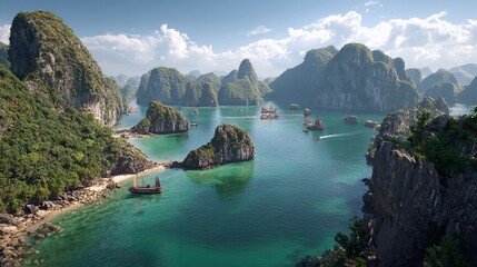 Stunning Aerial View of Halong Bay, Vietnam: Emerald Waters & Karst Peaks