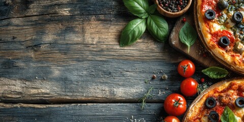 Gourmet pizzas with basil, tomatoes and black olives are beautifully arranged in a flat lay on a rustic wooden surface, creating an inviting food presentation.