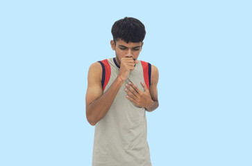 Young Man Coughing and Holding Chest, Health and Illness Concept