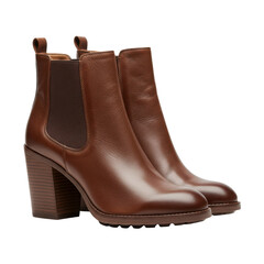 Brown leather ankle boots with block heels for women isolated PNG with Transparent Background