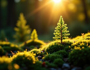 Macro Photo of Sunlit Spruce Tree with Lush Green Moss Background