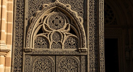 Ornate Carved Wooden Door with Gothic Arch Detail.