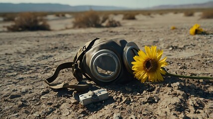 Gas mask beside a dead flower in desolate wasteland close-up