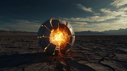 Futuristic art of Earth breaking apart with glowing nuclear center
