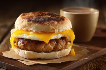 A rustic breakfast sandwich featu a savory sausage patty, fried egg, and melted cheese served on a toasted English muffin with coffee in the background.