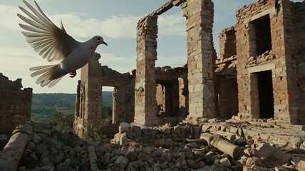 Peaceful bird flying above broken structures in sign of healing