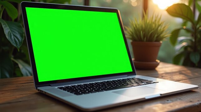 Silver laptop green screen on wooden table with plants