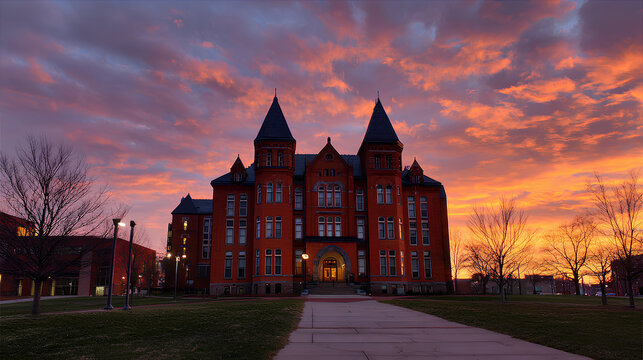 Red Brick University Building at Sunset