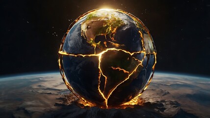 Digital illustration of fractured planet with nuclear core exposed