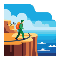 Trailblazing the Horizon: A lone adventurer, backpack in tow, fearlessly treads a narrow path along a towering cliffside, a testament to courage and a thirst for discovery.