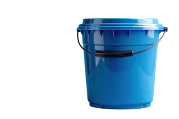 Bright blue plastic bucket with a lid on transparent background