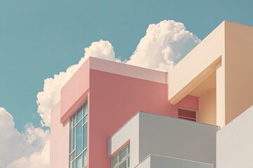 Pastel-colored apartment building section against a pale blue sky with fluffy clouds