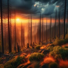 Trail in Dying Forest Sunset Over