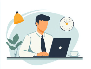 Businessman working on laptop illustration, modern flat design of office workplace, professional remote work and corporate concept for business, freelance and productivity