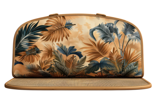 Tropical leaf pattern on a stylish rattan bench with a natural aesthetic on transparent background