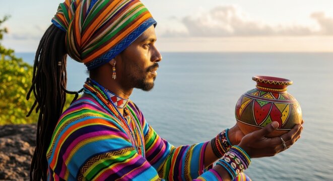 Man with dreadlocks and colorful clothing holding a traditional pot with the ocean in the background