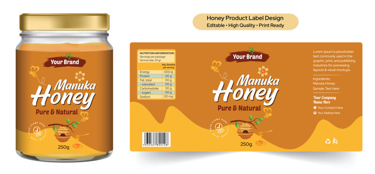 Manuka honey jar label design with editable vector print ready file and 3D mockup illustration. Pure and natural organic honey label packaging design