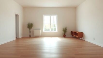 Fototapeta premium Minimalist mid-century modern living space with wooden floors and soft natural light from a window.