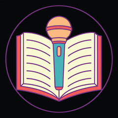 An open book with a microphone in the center symbolizing storytelling public speaking and education