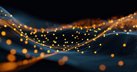 Abstract wave patterns of glowing points connected by lines in dark blue and orange