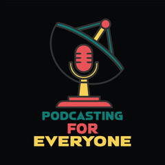 Retro microphone and satellite dish logo representing podcasting for everyone with bold text