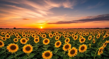 Sunflowers field at sunset in the summer.
