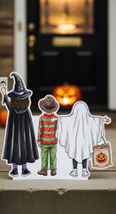 Erkl&auml;rendes Bild zeigt 3 kost&uuml;mierte Kinder, die zu Halloween an einer Haust&uuml;r klingeln. Sie sammeln S&uuml;&szlig;igkeiten. Die Kinder sind auf Papier gezeichnete Figuren in einer realen Umgebung.