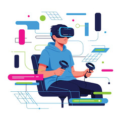 Immersed in Virtual Reality: A person fully immersed in the virtual reality, using a VR headset, exploring a digital world, capturing the essence of cutting-edge tech, futuristic exploration.