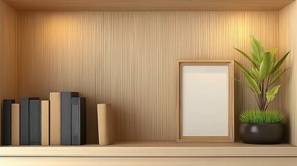 Fototapeta premium Minimalist wooden bookcase with organized books, decorative frame, lush green plant,small grass pot on warm wooden background. Cozy modern home office decor and stylish zoom background interior design