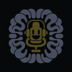 Creative brain with microphone and headphones symbolizing podcasting and audio content creation