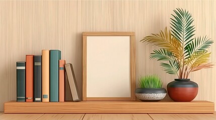 Minimalist wooden bookcase with organized books, decorative frame, lush green plant,small grass pot on warm wooden background. Cozy modern home office decor and stylish zoom background interior design