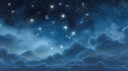 Sparkling starry sky, night sky, clouds, background illustration, blue Stock Illustration