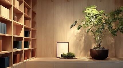 Minimalist wooden bookcase with organized books, decorative frame, lush green plant,small grass pot on warm wooden background. Cozy modern home office decor and stylish zoom background interior design