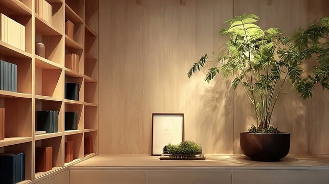 Minimalist wooden bookcase with organized books, decorative frame, lush green plant,small grass pot on warm wooden background. Cozy modern home office decor and stylish zoom background interior design