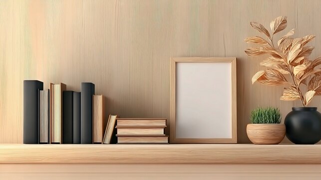 Minimalist wooden bookcase with organized books, decorative frame, lush green plant,small grass pot on warm wooden background. Cozy modern home office decor and stylish zoom background interior design