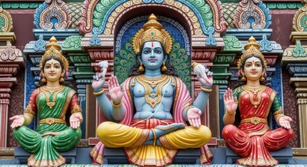 A colorful statue of a hindu deity with two consorts sits in a temple