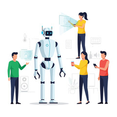 The Dawn of Innovation: Illustrative representation of people interacting and collaborating with a cutting-edge humanoid robot, symbolizing advancements in technology.