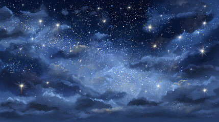 Sparkling starry sky, night sky, clouds, background illustration, blue Stock Illustration
