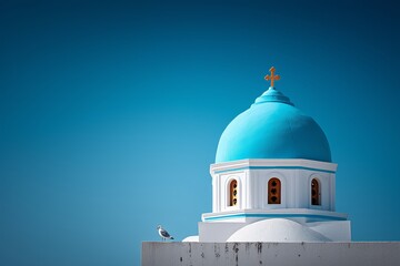 White church with a vivid blue dome and an orange cross against a clear sky. Mediterranean architecture and travel concept.