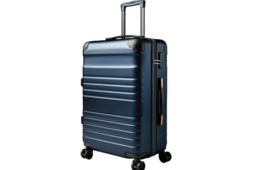 Modern blue suitcase with wheels for travel and business trips on transparent background