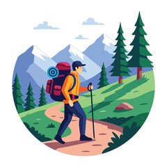 Summit Seeker's Journey: A lone adventurer embarks on a picturesque mountain trail, his path defined by the promise of adventure and the allure of untouched heights, with scenic trees.