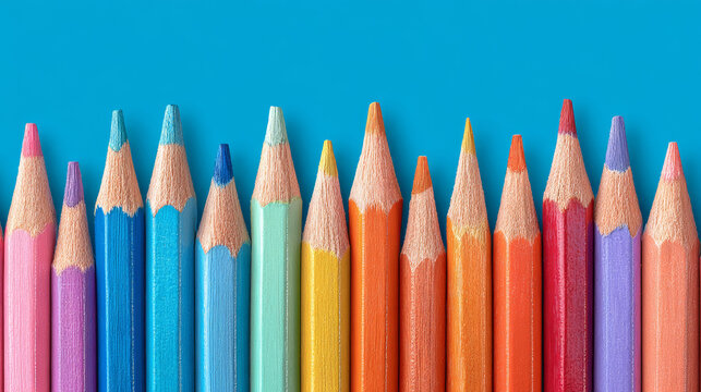 Row of sharpened colorful pencils on pastel blue background for art, creativity, education, school supplies, and design inspiration - Powered by Adobe