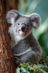Obraz premium A koala, with gray fur and white chest, sits happily in a tree, its mouth slightly open