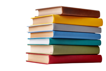 Stack of colorful hardcover books with different colored spines, isolated on transparent background