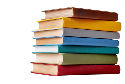 Stack of colorful hardcover books with different colored spines, isolated on transparent background
