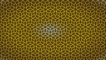 Gold Geometric Pattern Seamless features a repeating hexagonal geometric pattern with a shiny gold hue, creating the illusion of 3D cubes and stars, giving a luxurious, elegant and symmetrical impress