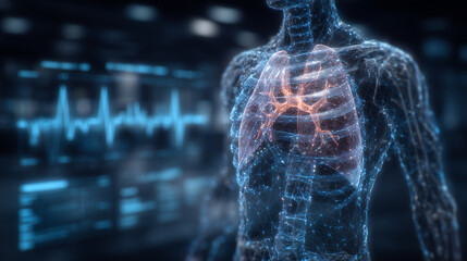 Digital twin human body hologram in futuristic hospital, AI analyzing genetic markers for personalized medicine and predictive healthcare