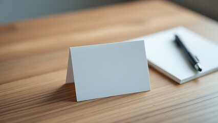 A blank notecard placed on a wooden desk with soft diffused lighting and shallow focus.