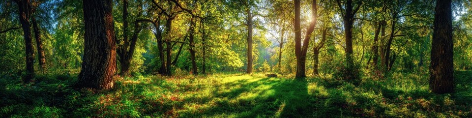 Obraz premium Panoramic view of a sunlit forest. Lush greenery and tall trees fill the scene